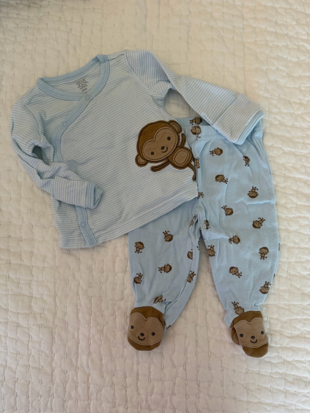Carter's Light Blue & White Striped Monkey Baby Pajamas Set